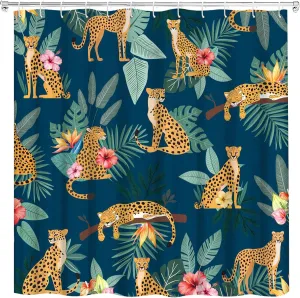 Blue Leopard Shower Curtain Tropical Jungle Leaves Botanical Cheetah Animal Wildlife Safari Big Cat Boho Aesthetic Minimalist Men Shower Curtains Set Bathroom Polyester Fabric Hooks (70"W x 70"L)