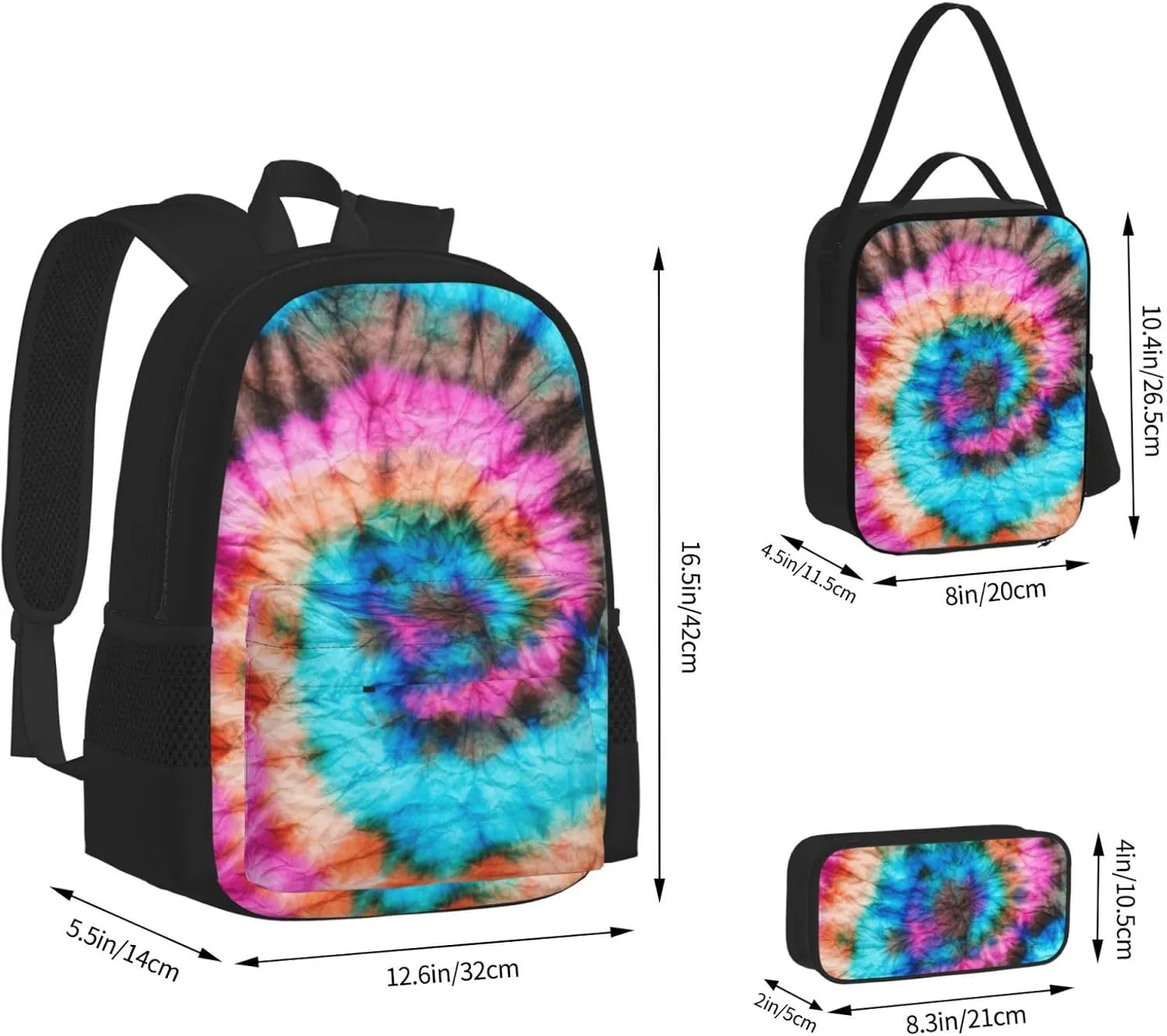 Blue Psychedelic Kaleidoscope Dye Color Art Bright Fun Closeup Multifunctional Pocket Backpack Crossbody Lunch Bag Pencil Case 3Pcs Set Large Capacity Backpack