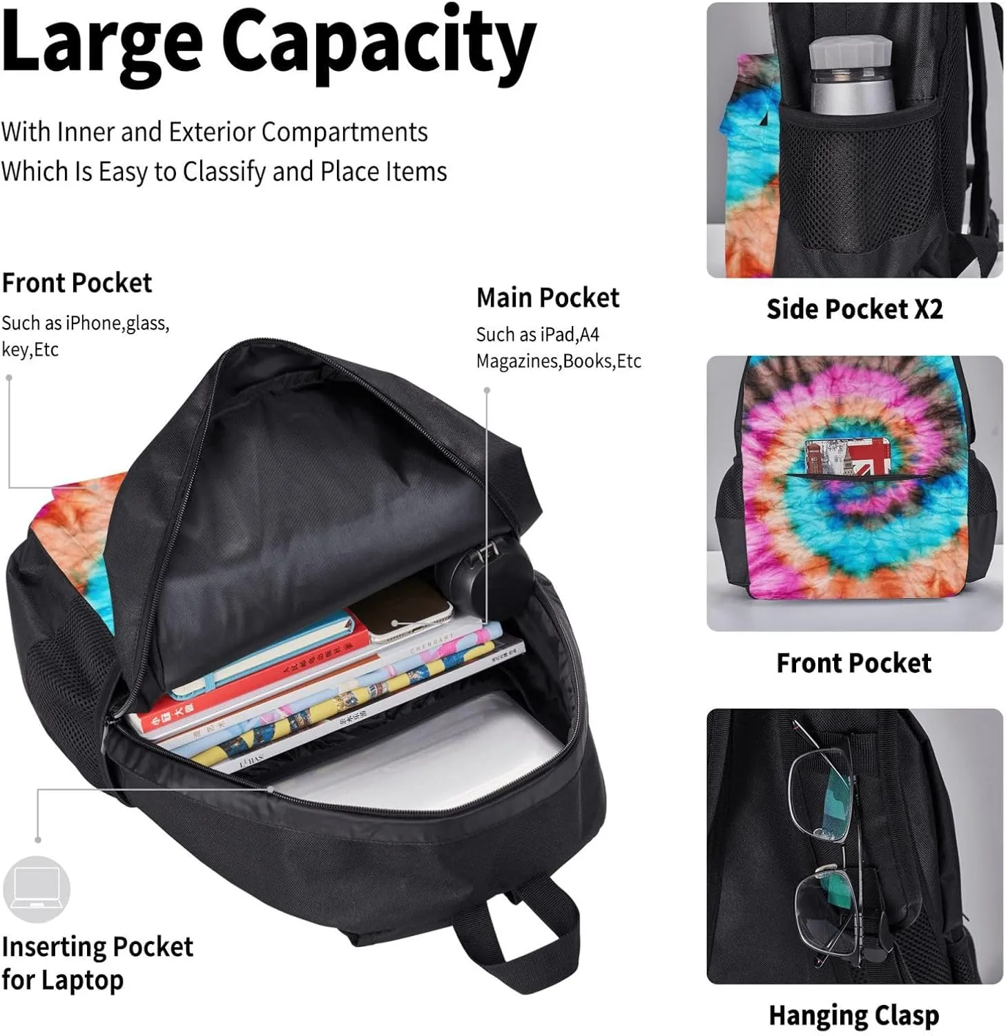 Blue Psychedelic Kaleidoscope Dye Color Art Bright Fun Closeup Multifunctional Pocket Backpack Crossbody Lunch Bag Pencil Case 3Pcs Set Large Capacity Backpack