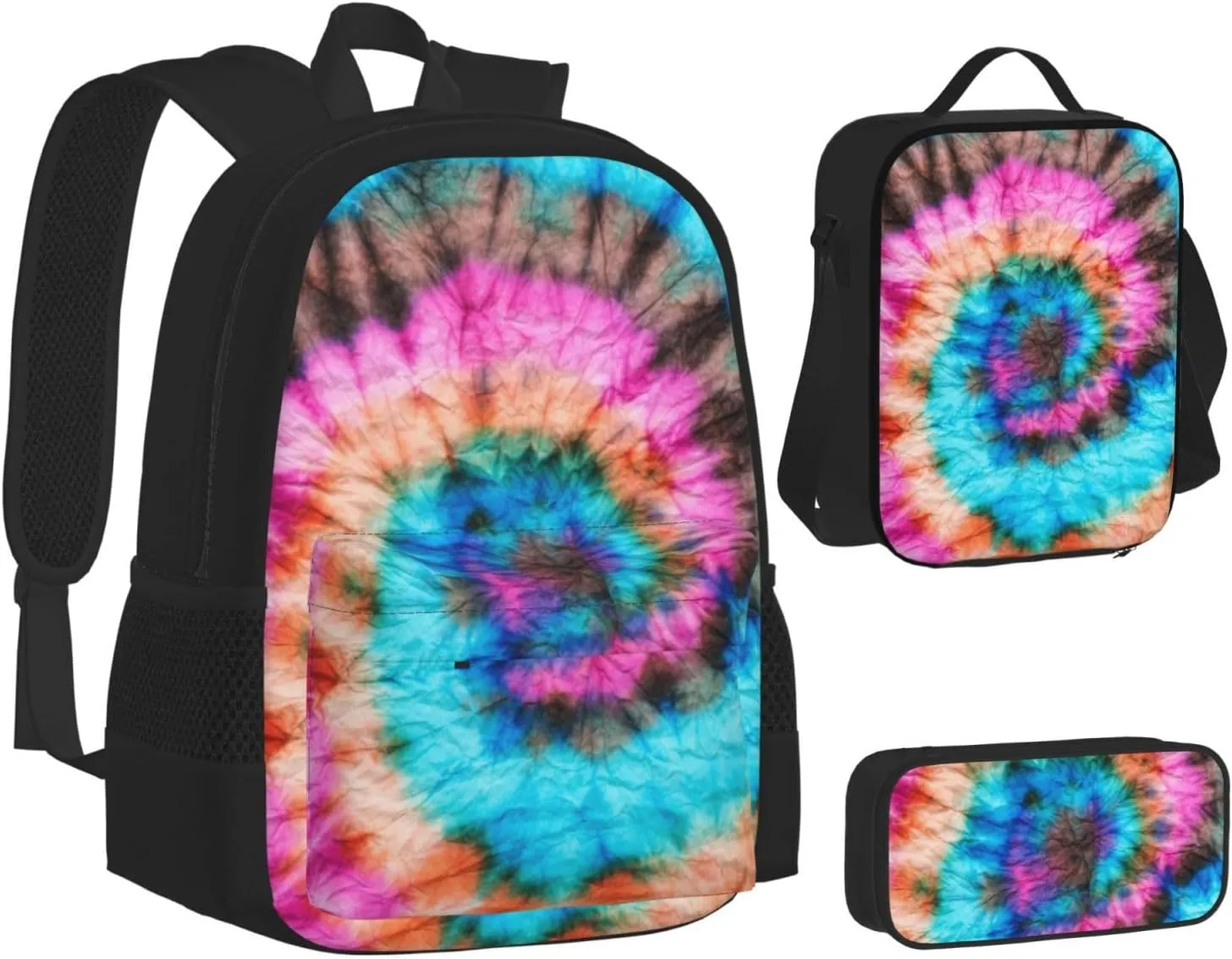 Blue Psychedelic Kaleidoscope Dye Color Art Bright Fun Closeup Multifunctional Pocket Backpack Crossbody Lunch Bag Pencil Case 3Pcs Set Large Capacity Backpack