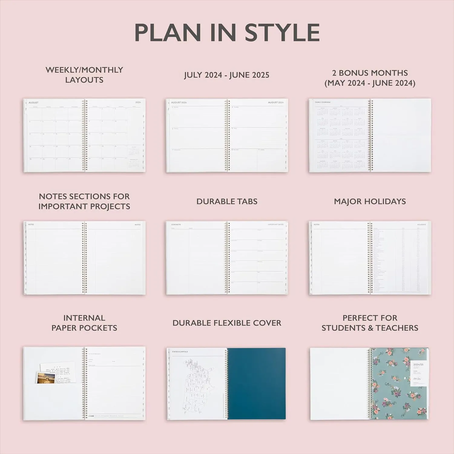 Blue Sky 2024-2025 Academic Year Weekly and Monthly Planner, 8.5” x 11”, Wirebound, Greta (136479-A25)
