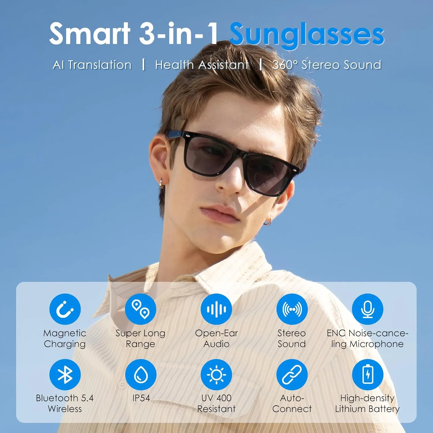 Bluetooth Sunglasses for Men/Women, AI Translator, 11H Battery Life, Polarized Lens, UV Protection, Voice Control, Built-in Mic & Speakers, Smart Eyewear for Gaming Meeting Travel