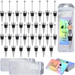 Blulu 30 Pieces Beadable Wine Stoppers for Wine Bottles Wine Party Favors 30 Pcs Silver Resealable Bags and Thank You Cards for Wedding Holiday Party Gifts Beverages Bar Champagne Soda