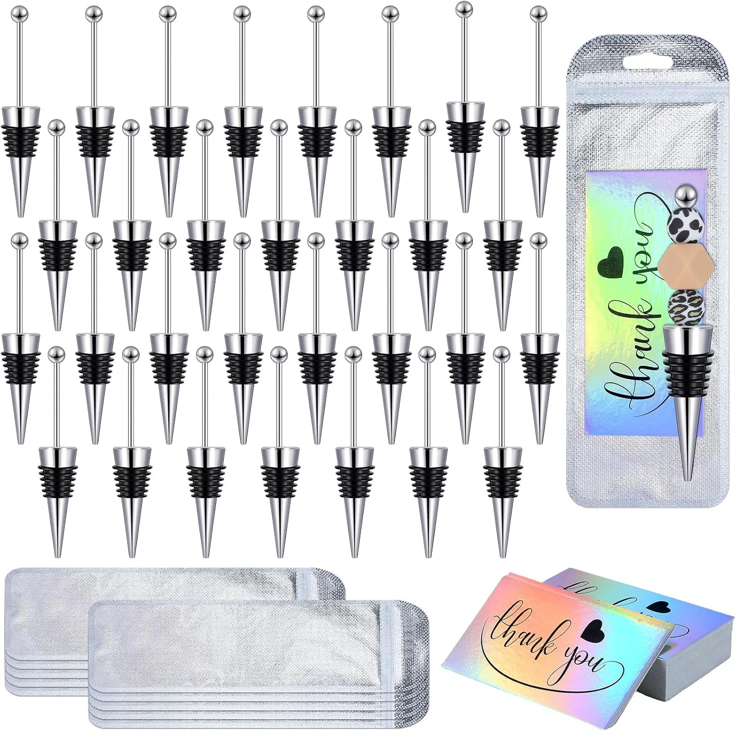 Blulu 30 Pieces Beadable Wine Stoppers for Wine Bottles Wine Party Favors 30 Pcs Silver Resealable Bags and Thank You Cards for Wedding Holiday Party Gifts Beverages Bar Champagne Soda