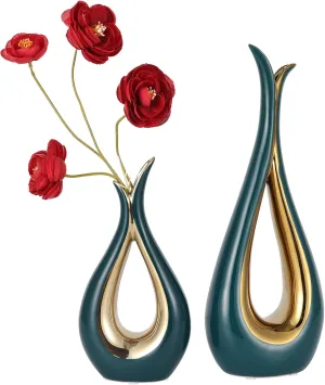 Boho Chic Handcrafted Ceramic Vase Set - 2Pcs Handmade Flower Petal Design in Elegant White and Green - Perfect for Home Decor & Floral Arrangements (Green Set)