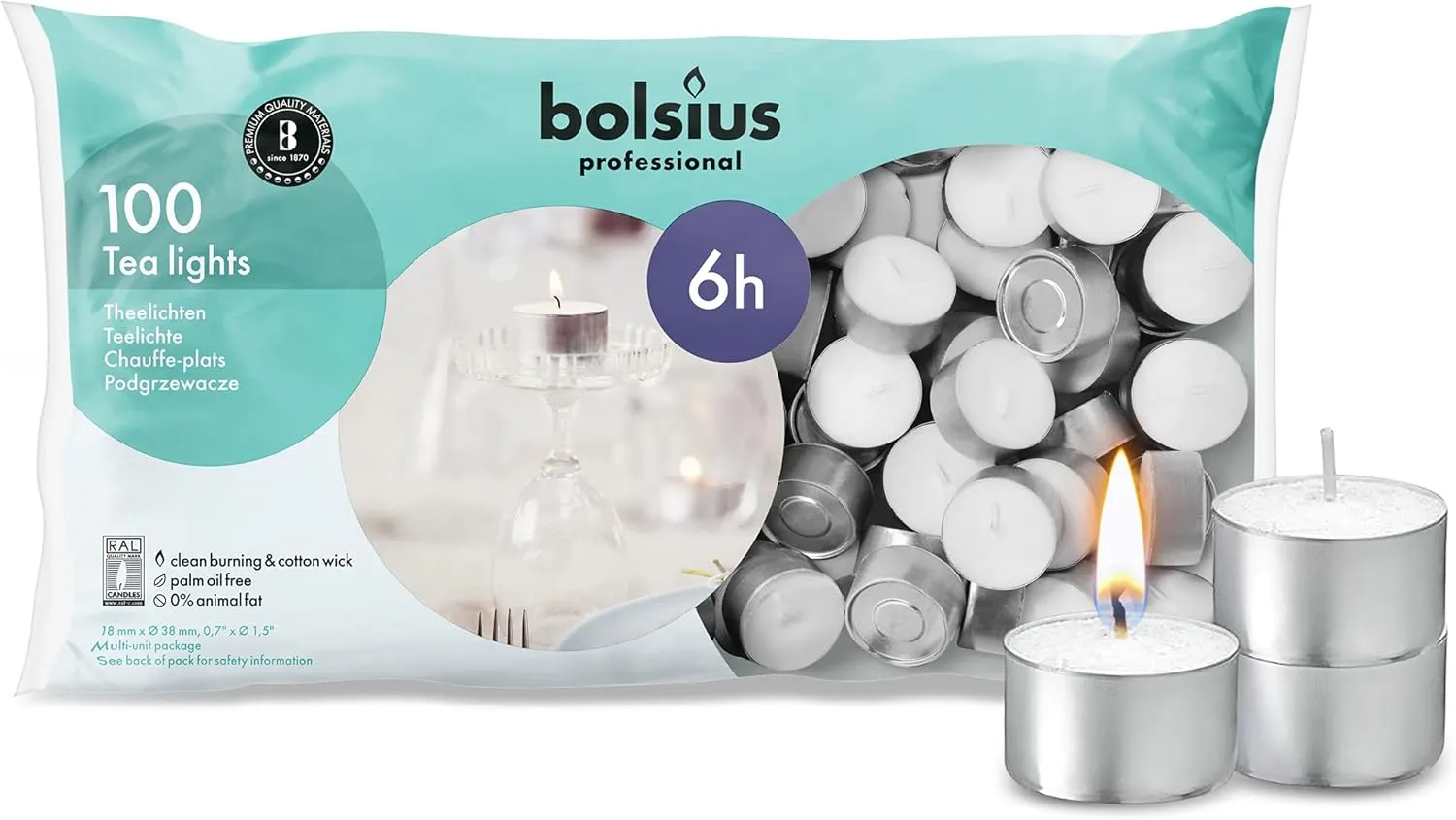 BOLSIUS Tea Lights Candles - Bulk Pack of White Unscented Candle Lights with 6 Hour Burning Time - Tea Candles for Wedding, Home, Parties, and Special Occasions (Pack of 100)