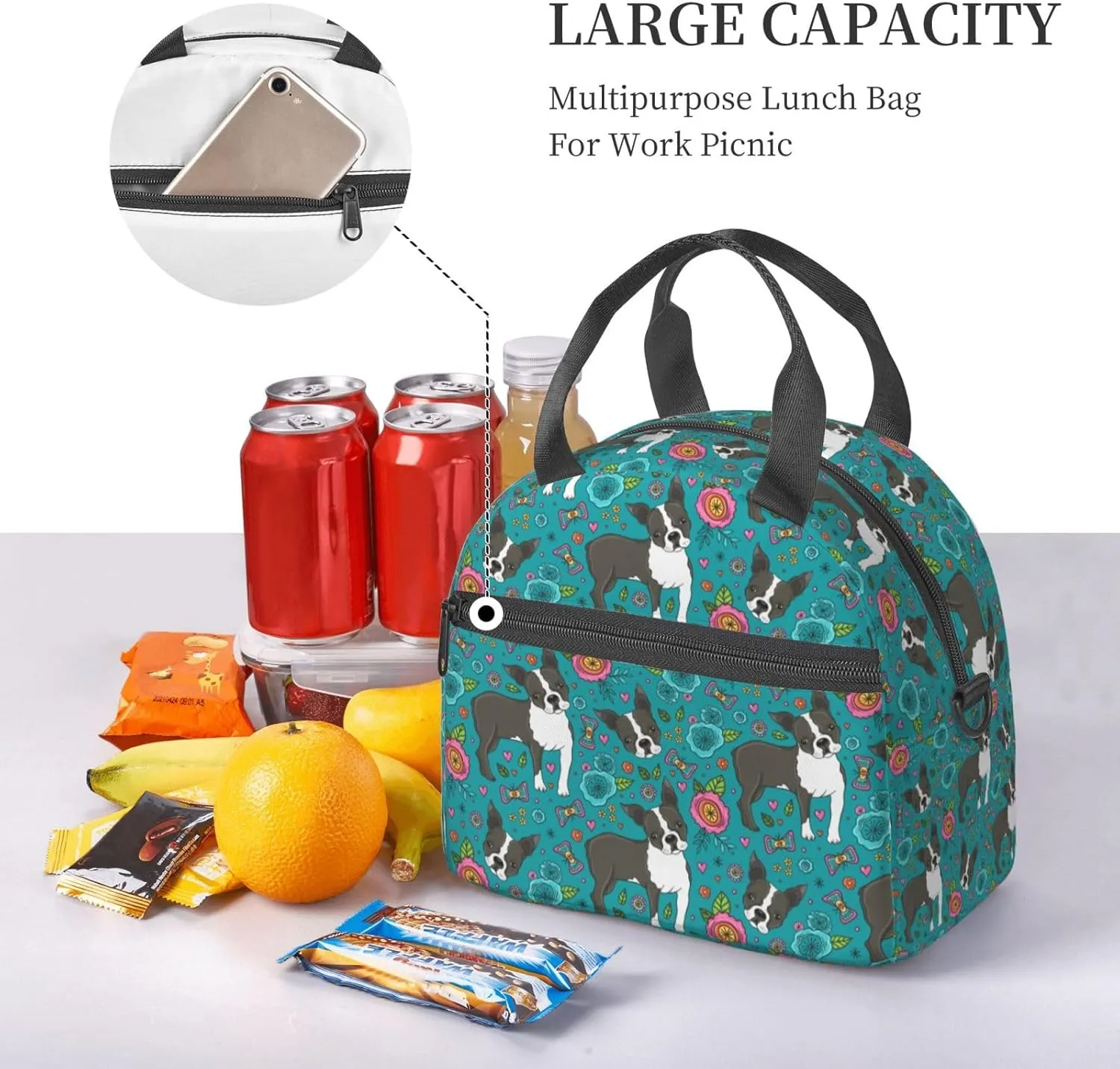 Boston Terrier and Beautiful Flowers Lunch Bag with Adjustable Shoulder Strap for Women Men Reusable Lunch Box Leakproof Tote Bags Insulated Cooler for Work Travel Outdoor(9 x 5 x 7.8 Inches)