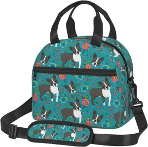 Boston Terrier and Beautiful Flowers Lunch Bag with Adjustable Shoulder Strap for Women Men Reusable Lunch Box Leakproof Tote Bags Insulated Cooler for Work Travel Outdoor(9 x 5 x 7.8 Inches)