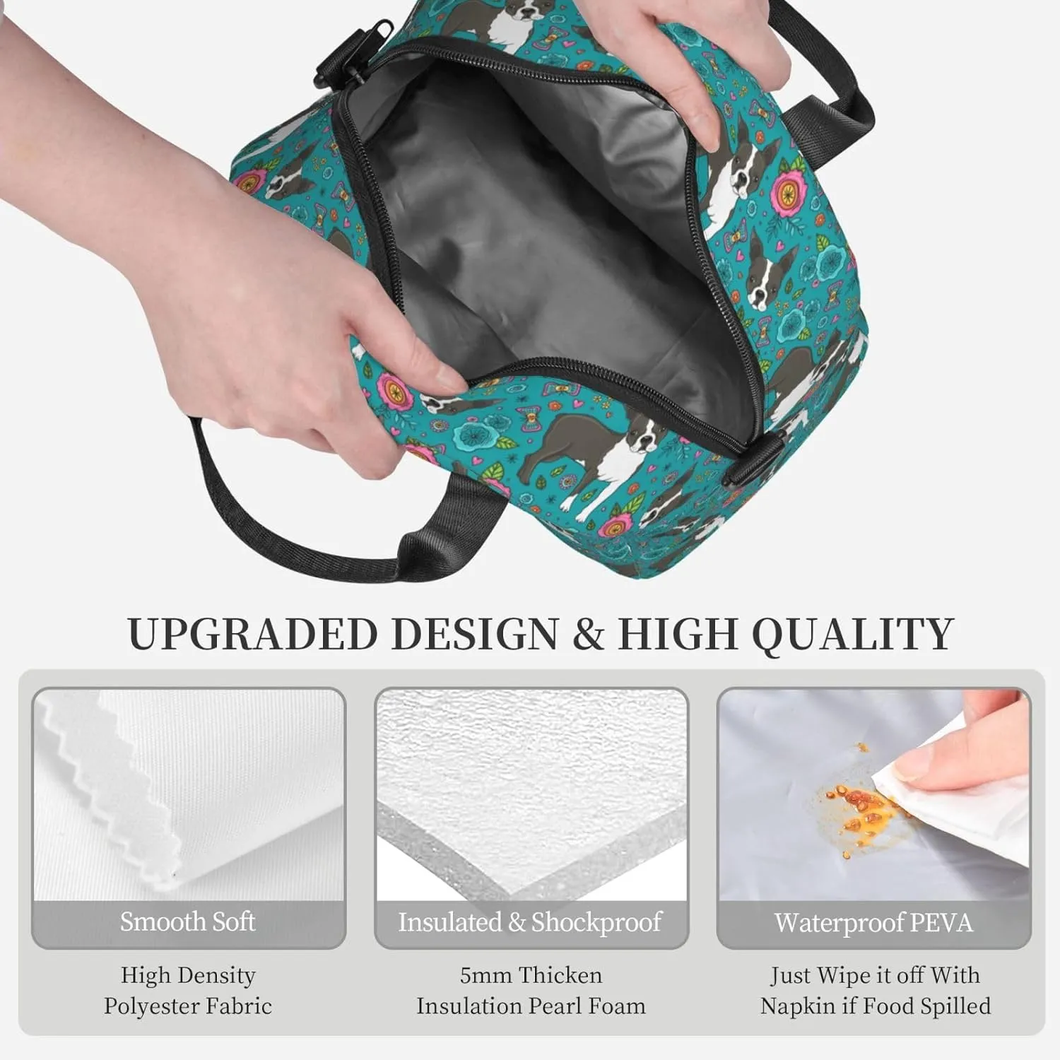 Boston Terrier and Beautiful Flowers Lunch Bag with Adjustable Shoulder Strap for Women Men Reusable Lunch Box Leakproof Tote Bags Insulated Cooler for Work Travel Outdoor(9 x 5 x 7.8 Inches)