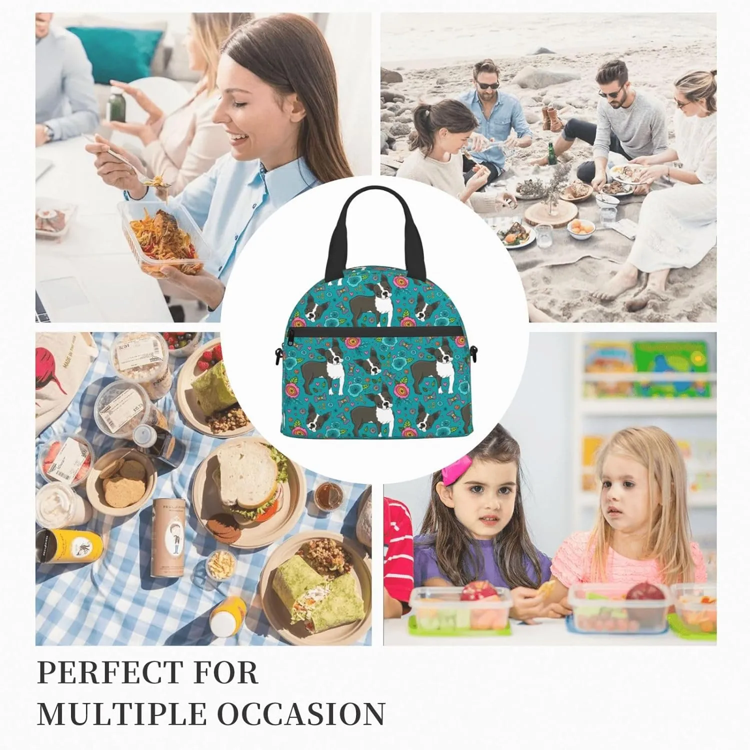 Boston Terrier and Beautiful Flowers Lunch Bag with Adjustable Shoulder Strap for Women Men Reusable Lunch Box Leakproof Tote Bags Insulated Cooler for Work Travel Outdoor(9 x 5 x 7.8 Inches)