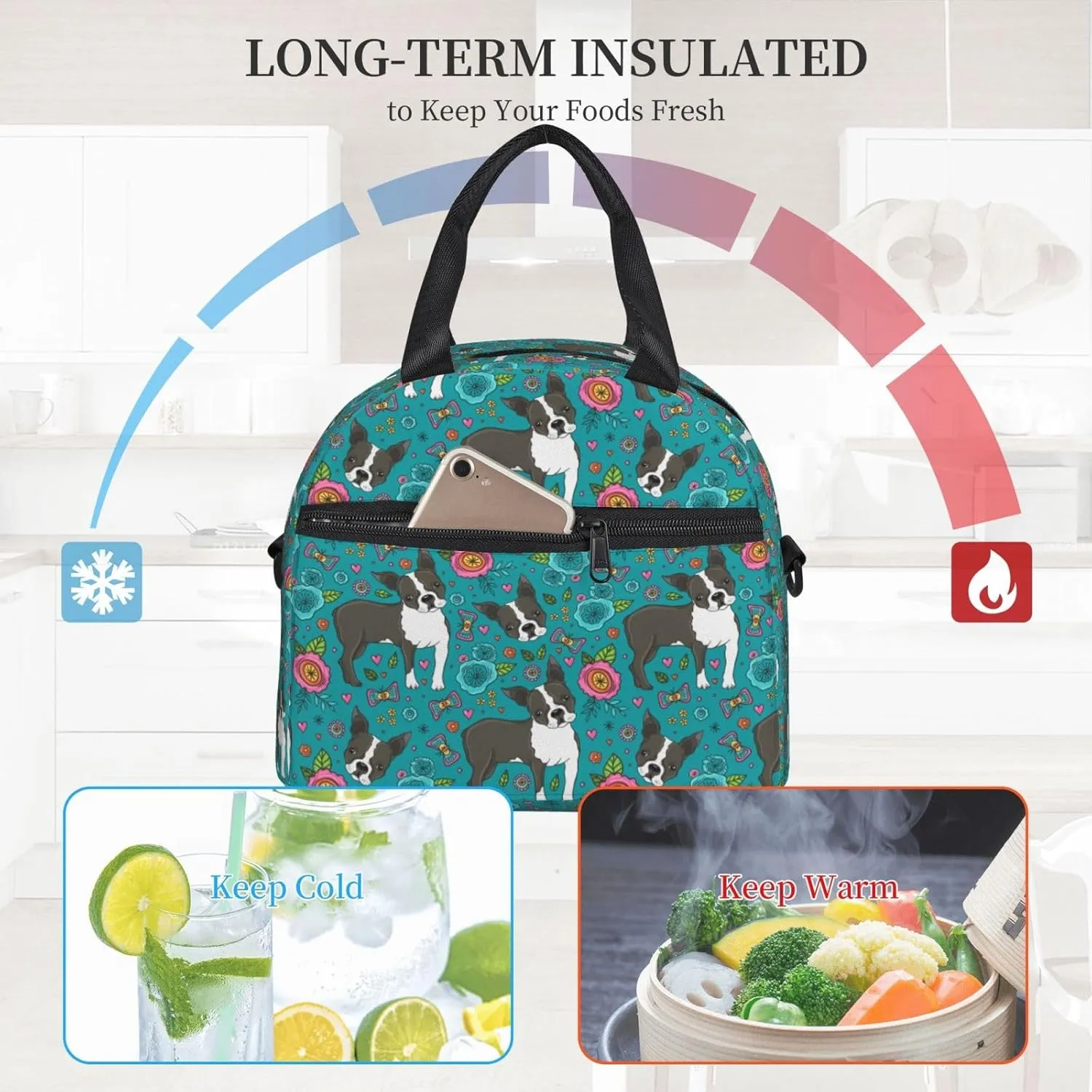 Boston Terrier and Beautiful Flowers Lunch Bag with Adjustable Shoulder Strap for Women Men Reusable Lunch Box Leakproof Tote Bags Insulated Cooler for Work Travel Outdoor(9 x 5 x 7.8 Inches)