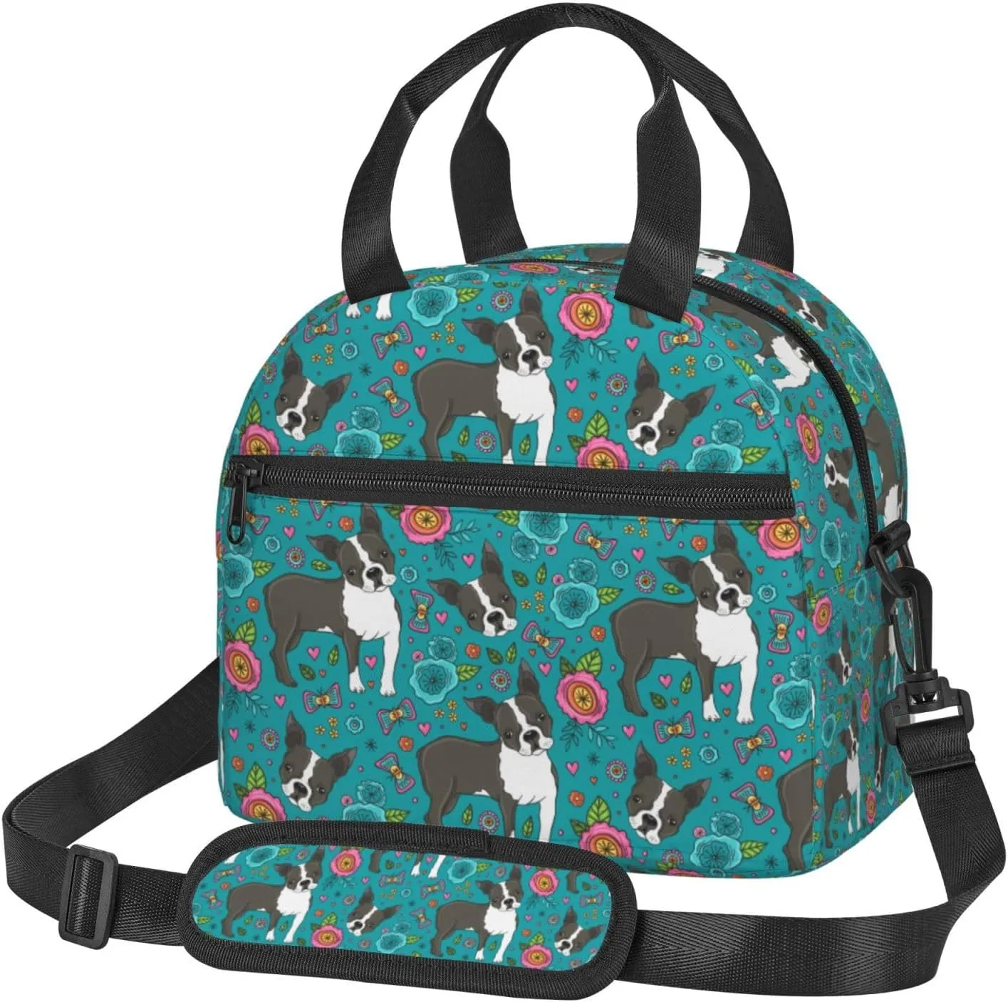 Boston Terrier and Beautiful Flowers Lunch Bag with Adjustable Shoulder Strap for Women Men Reusable Lunch Box Leakproof Tote Bags Insulated Cooler for Work Travel Outdoor(9 x 5 x 7.8 Inches)