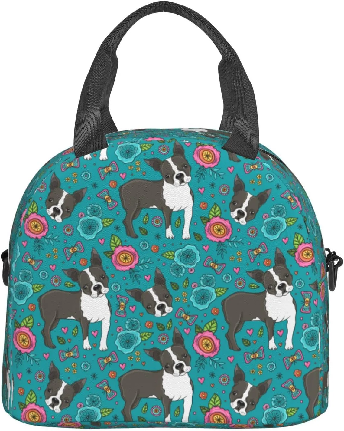Boston Terrier and Beautiful Flowers Lunch Bag with Adjustable Shoulder Strap for Women Men Reusable Lunch Box Leakproof Tote Bags Insulated Cooler for Work Travel Outdoor(9 x 5 x 7.8 Inches)