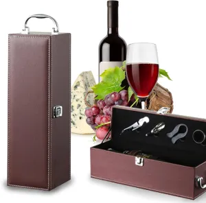 Bottle Wine Carrier,Leather Wine Gift Boxes,for Wedding, Anniversary,Travel, Restaurant, Party, Gifts for Wine Lovers, Storage Box for Home Bar Wine Collection With 4pcs Wine Accessories Set（brown）