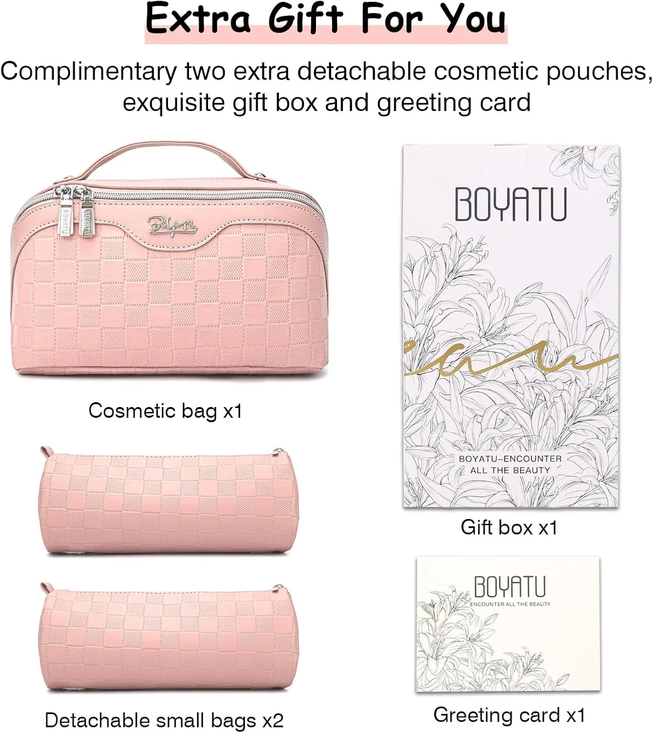 BOYATU Travel Makeup Bag Organizer Cosmetic Bag: 3 Pcs Set Make up Bags for Women with Handle - Waterproof Vegan Leather Toiletry Bags with Comparments (C-05-Pink)