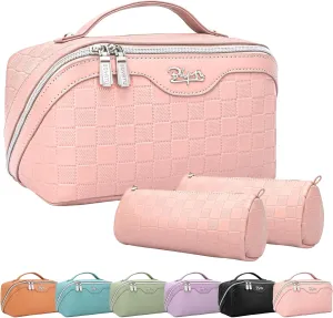 BOYATU Travel Makeup Bag Organizer Cosmetic Bag: 3 Pcs Set Make up Bags for Women with Handle - Waterproof Vegan Leather Toiletry Bags with Comparments (C-05-Pink)