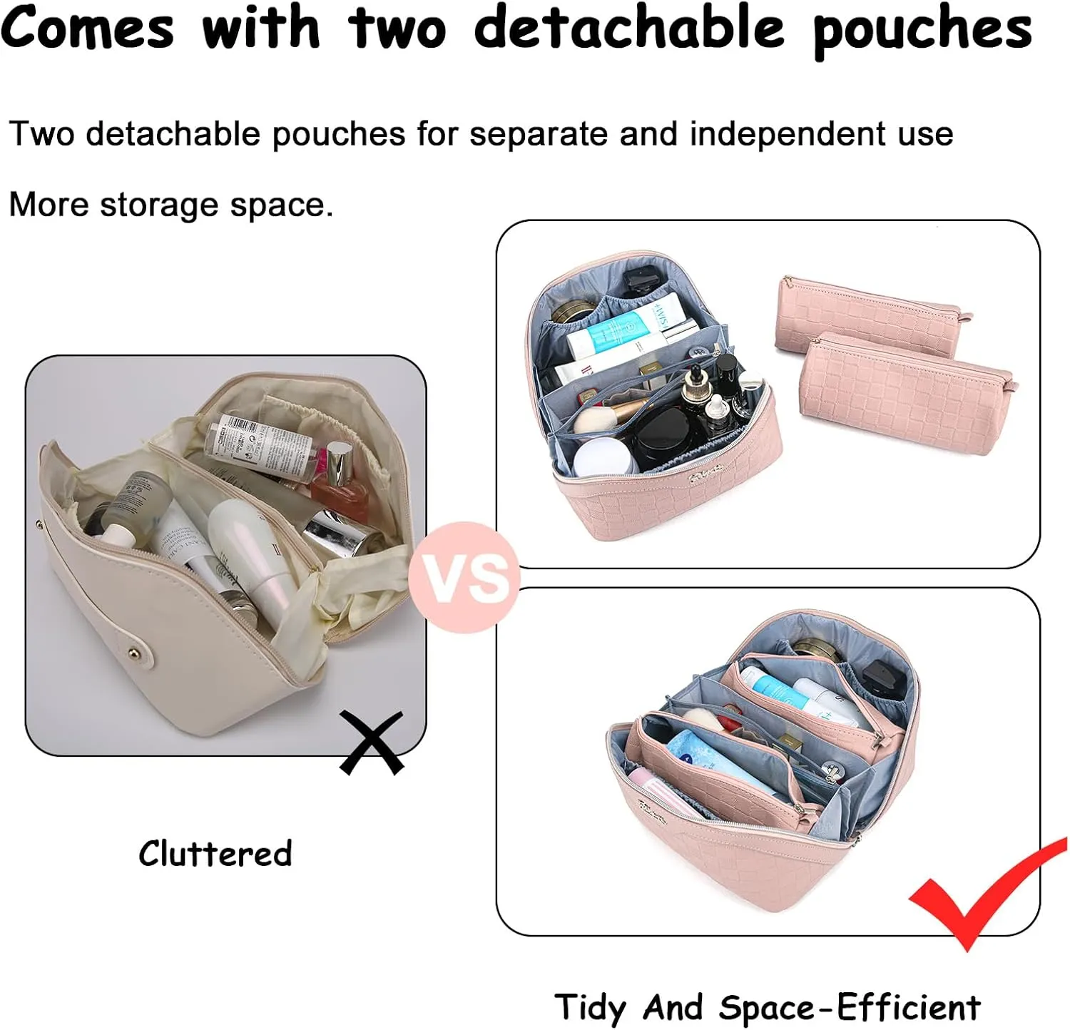 BOYATU Travel Makeup Bag Organizer Cosmetic Bag: 3 Pcs Set Make up Bags for Women with Handle - Waterproof Vegan Leather Toiletry Bags with Comparments (C-05-Pink)