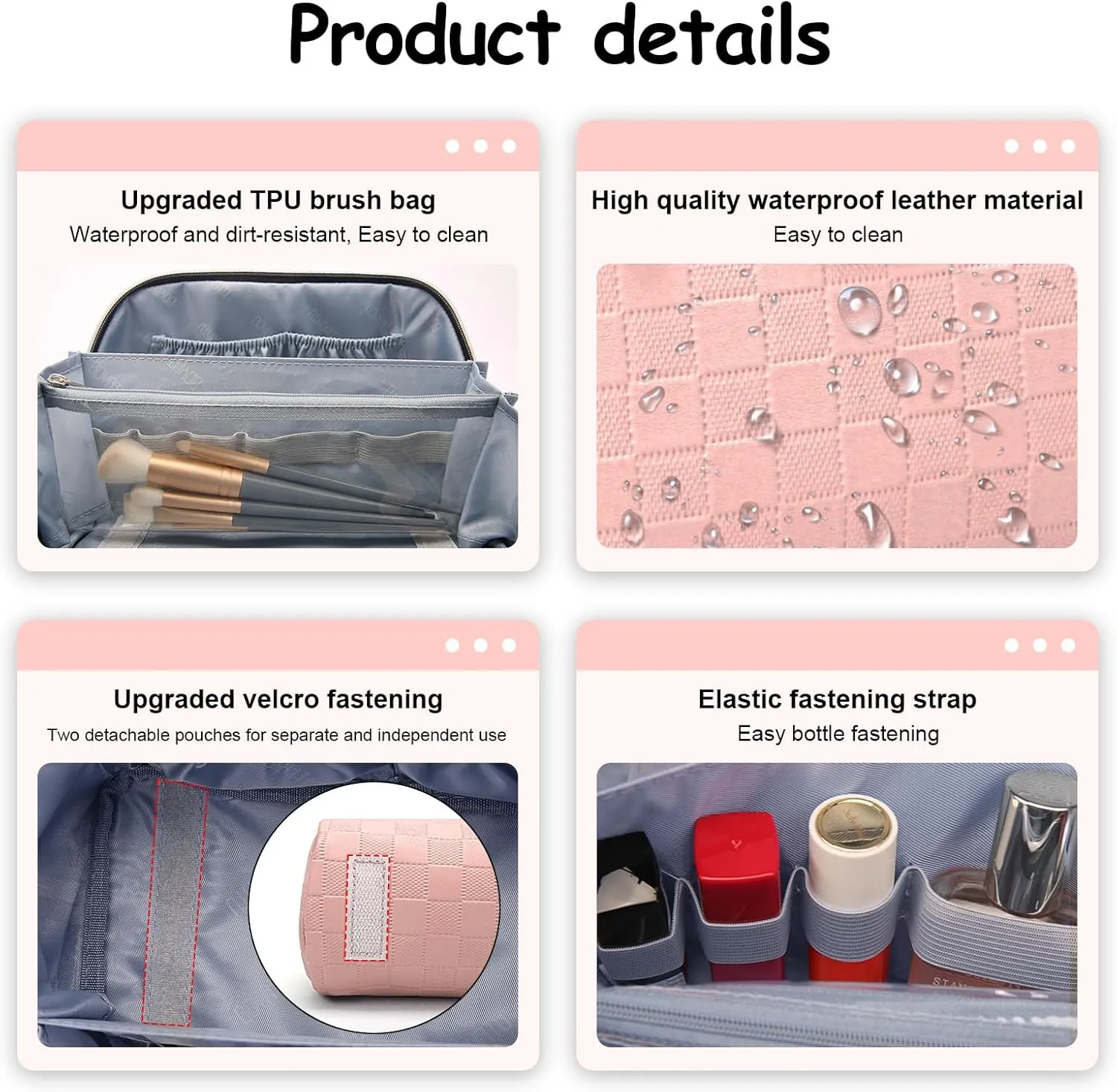BOYATU Travel Makeup Bag Organizer Cosmetic Bag: 3 Pcs Set Make up Bags for Women with Handle - Waterproof Vegan Leather Toiletry Bags with Comparments (C-05-Pink)