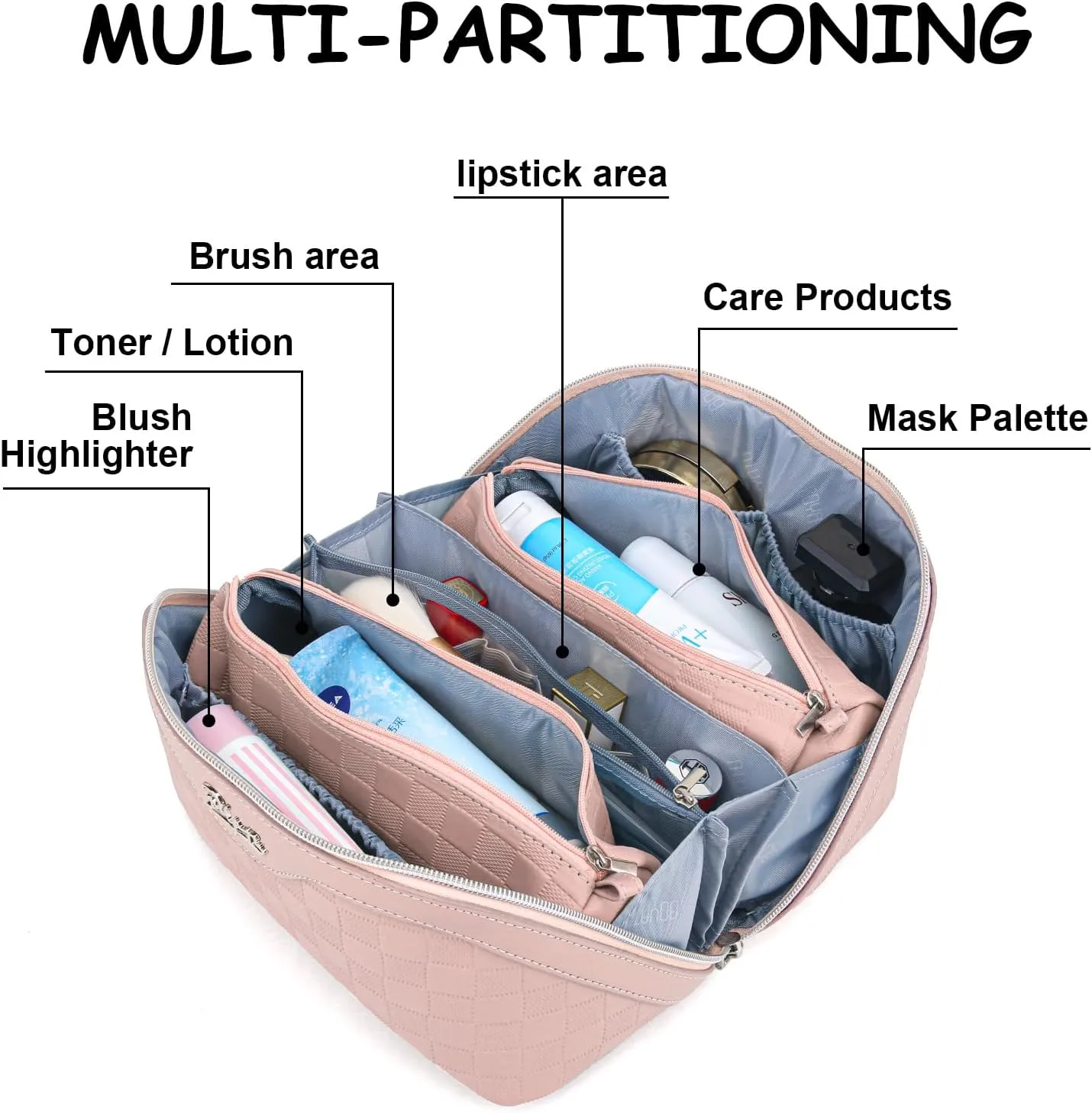 BOYATU Travel Makeup Bag Organizer Cosmetic Bag: 3 Pcs Set Make up Bags for Women with Handle - Waterproof Vegan Leather Toiletry Bags with Comparments (C-05-Pink)