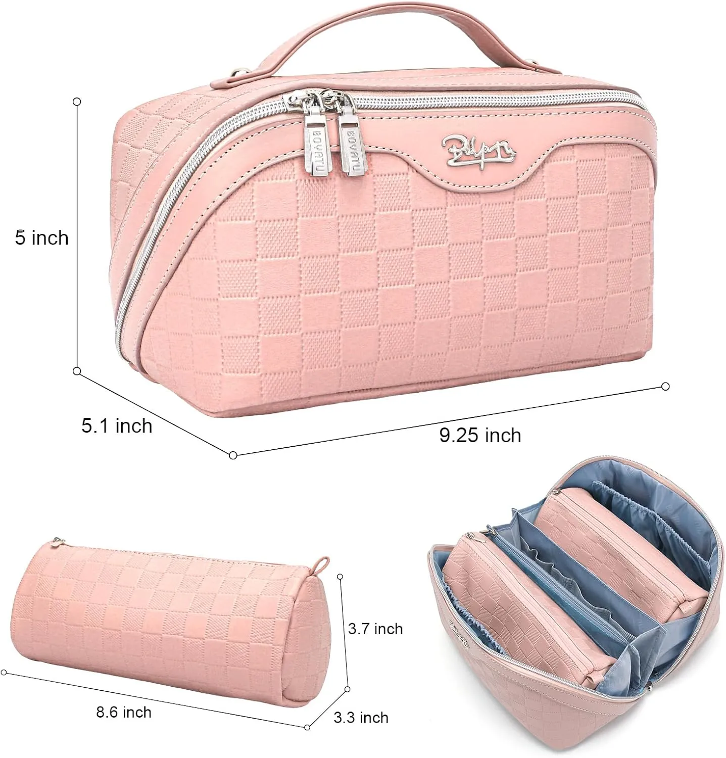 BOYATU Travel Makeup Bag Organizer Cosmetic Bag: 3 Pcs Set Make up Bags for Women with Handle - Waterproof Vegan Leather Toiletry Bags with Comparments (C-05-Pink)