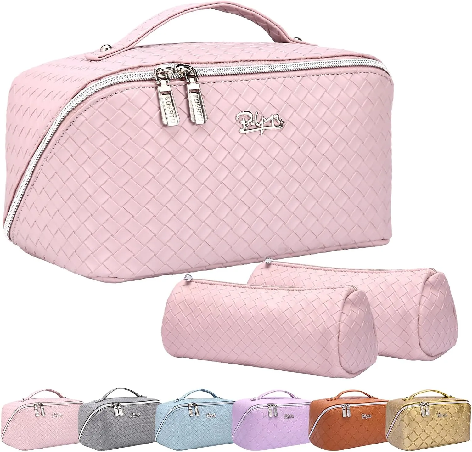 BOYATU Travel Makeup Bags for Women: Large Cosmetic Bag Waterproof - Vegan Leather Make up Bags Set of 3 - Portable Toiletry Organizer (L09 Violet)