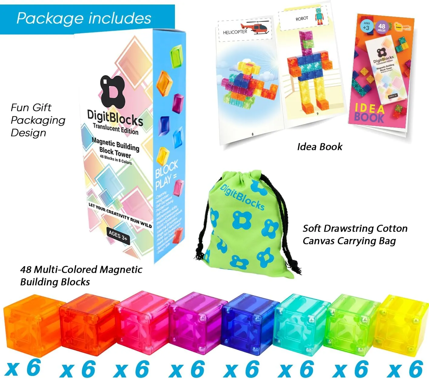 BrainSpark 48PCS Digit Blocks Translucent Magnetic Building Blocks, Montessori Clear Magnet Cubes for Boys Girls Stacking Block Sets Ages 3-9