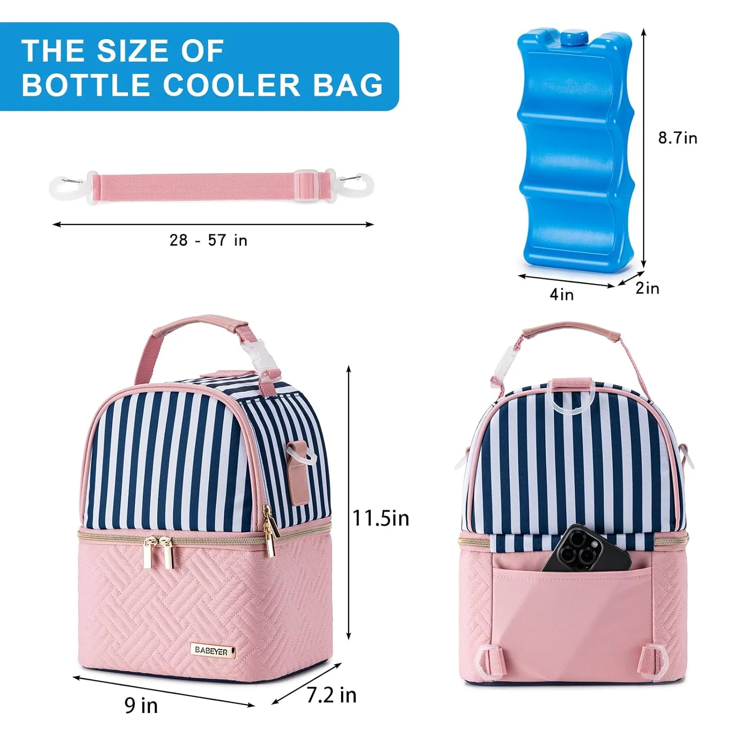 Breastmilk Cooler Bag with Ice Pack Fits 6 Baby Bottles up to 9 Ounce, Breast Milk Pump Cooler Bag with Shoulder Strap for Nursing Mom Daycare, Work, Travel- Straps