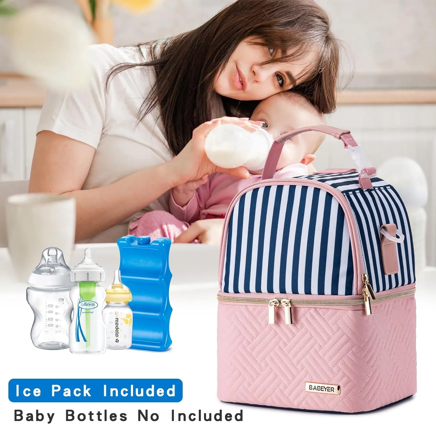 Breastmilk Cooler Bag with Ice Pack Fits 6 Baby Bottles up to 9 Ounce, Breast Milk Pump Cooler Bag with Shoulder Strap for Nursing Mom Daycare, Work, Travel- Straps