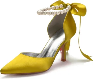 Bridal Pointed Toe 8CM Sandal High Heels Closed Toe Stiletto Women's Satin Wedding Shoes Beaded Bowknot Strap Pump Elegant Formal,Yellow,8