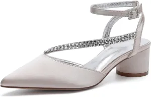Bridal Shoes Low Heel Rhinestones Satin Strappy Wedding Shoes 4.5CM Pointed Closed Toe Women Party Ankle Strap Sandals Pumps for Prom,Champagne,11