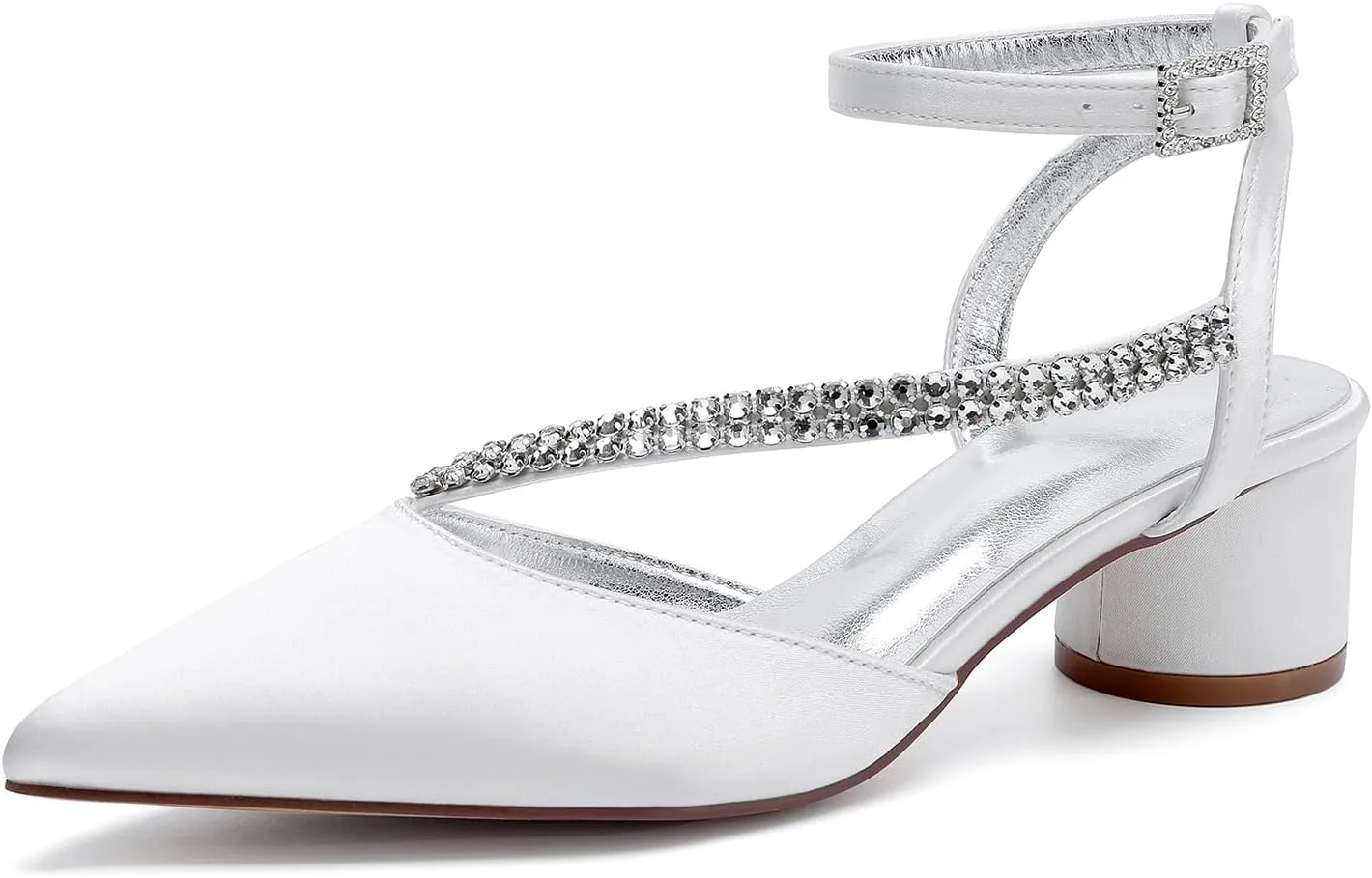 Bridal Shoes Low Heel Rhinestones Satin Strappy Wedding Shoes 4.5CM Pointed Closed Toe Women Party Ankle Strap Sandals Pumps for Prom,Ivory,8.5