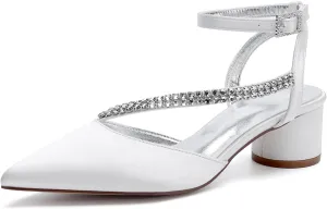 Bridal Shoes Low Heel Rhinestones Satin Strappy Wedding Shoes 4.5CM Pointed Closed Toe Women Party Ankle Strap Sandals Pumps for Prom,Ivory,8.5