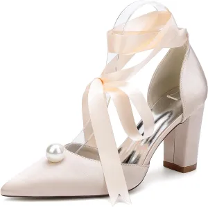 Bridal Shoes Pearl Pointed Toe 8.5CM Block Heels Wedding Shoes Women's Con Strap Satin Sandals Pumps for Prom Party Evening Party Dress