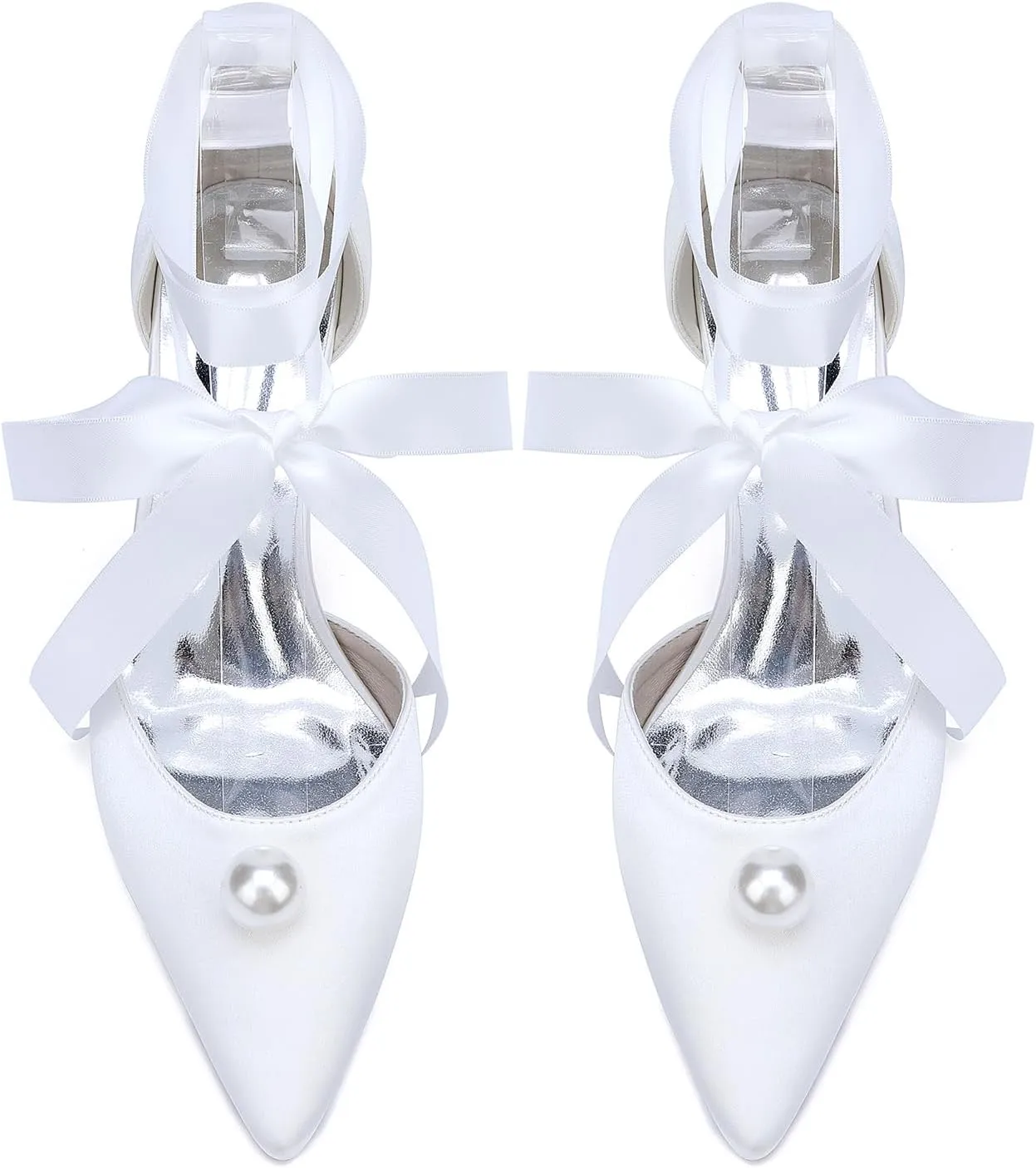 Bridal Shoes Pearl Pointed Toe 8.5CM Block Heels Wedding Shoes Women's Con Strap Satin Sandals Pumps for Prom Party Evening Party Dress