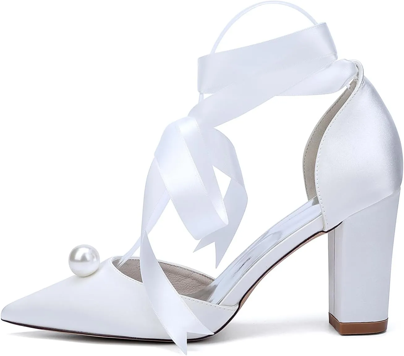 Bridal Shoes Pearl Pointed Toe 8.5CM Block Heels Wedding Shoes Women's Con Strap Satin Sandals Pumps for Prom Party Evening Party Dress