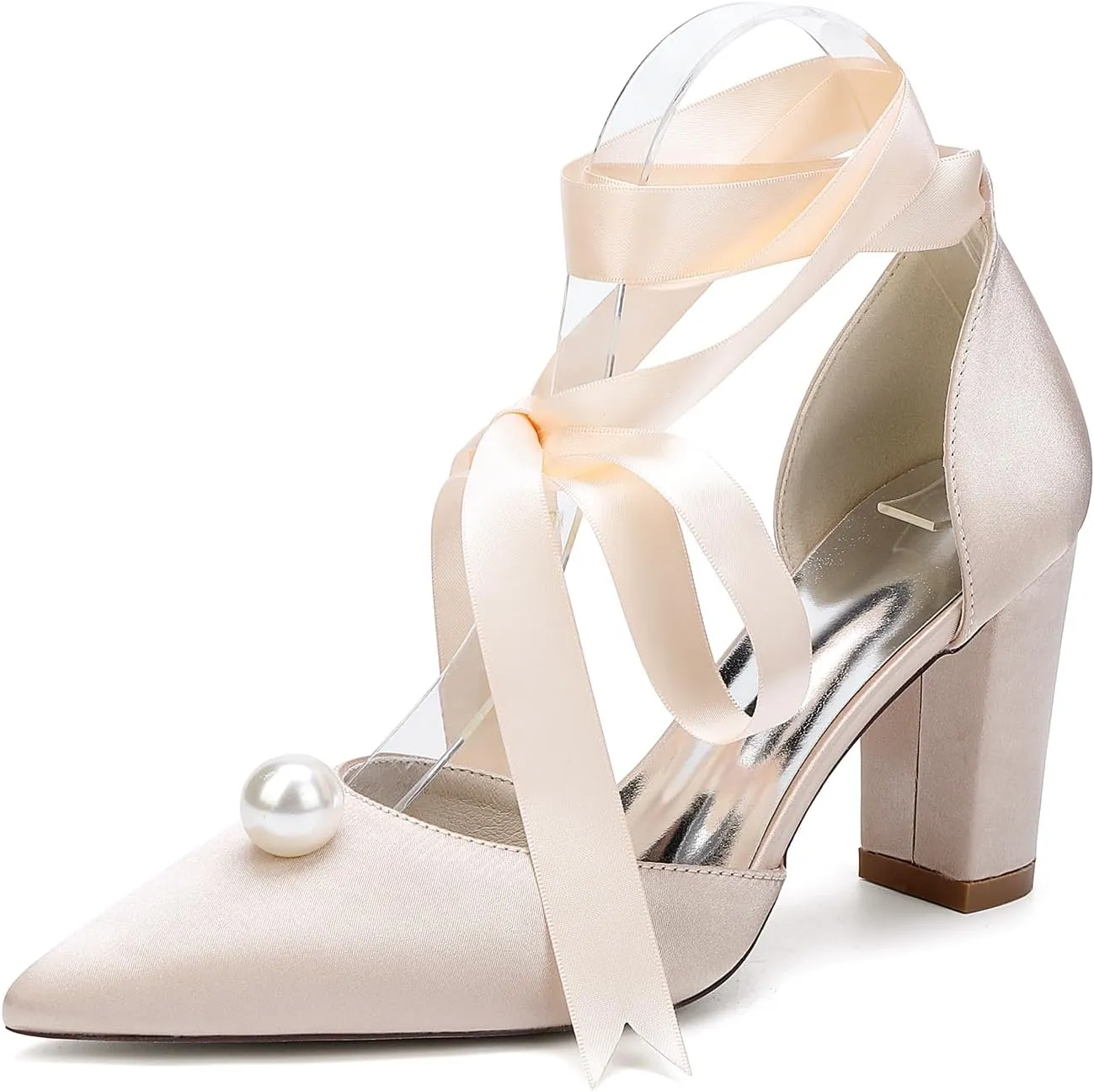 Bridal Shoes Pearl Pointed Toe 8.5CM Block Heels Wedding Shoes Women's Con Strap Satin Sandals Pumps for Prom Party Evening Party Dress