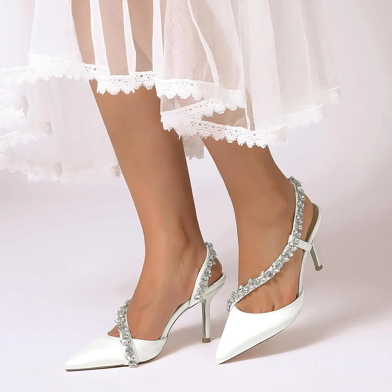Bridal Stiletto Rhinestonepointed Toe Wedding Dress Shoes 8.5Cm Closed Toe Fashion Satin Strappy Sandals Dress Shoes for Women Comfortable Party