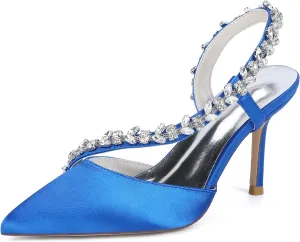 Bridal Stiletto Rhinestonepointed Toe Wedding Dress Shoes 8.5Cm Closed Toe Fashion Satin Strappy Sandals Dress Shoes for Women Comfortable Party