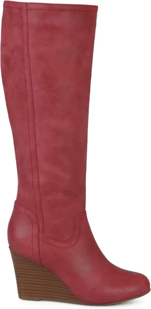 Brinley Co. Womens Regular and Wide Calf Round Toe Faux Leather Mid-calf Wedge Boots