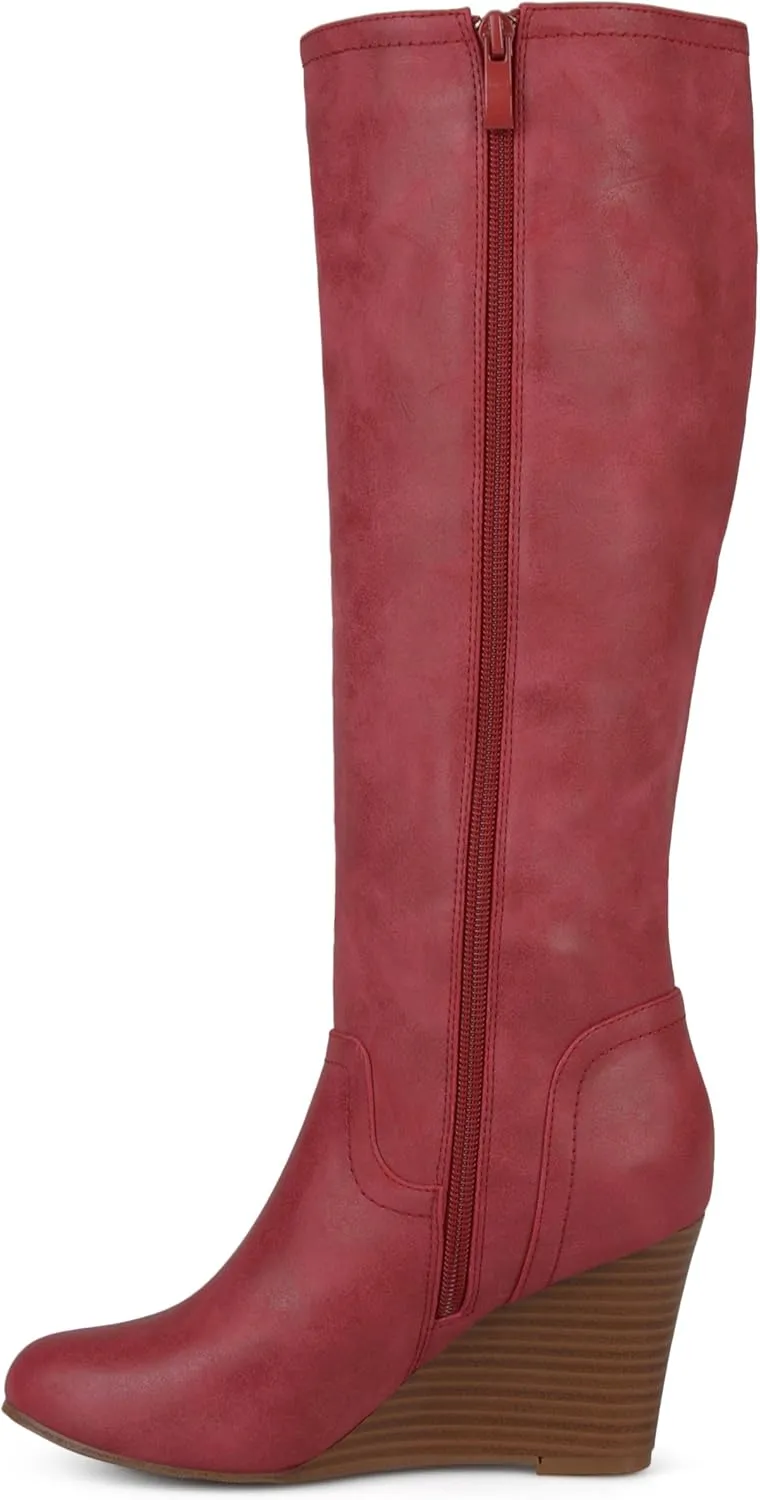 Brinley Co. Womens Regular and Wide Calf Round Toe Faux Leather Mid-calf Wedge Boots