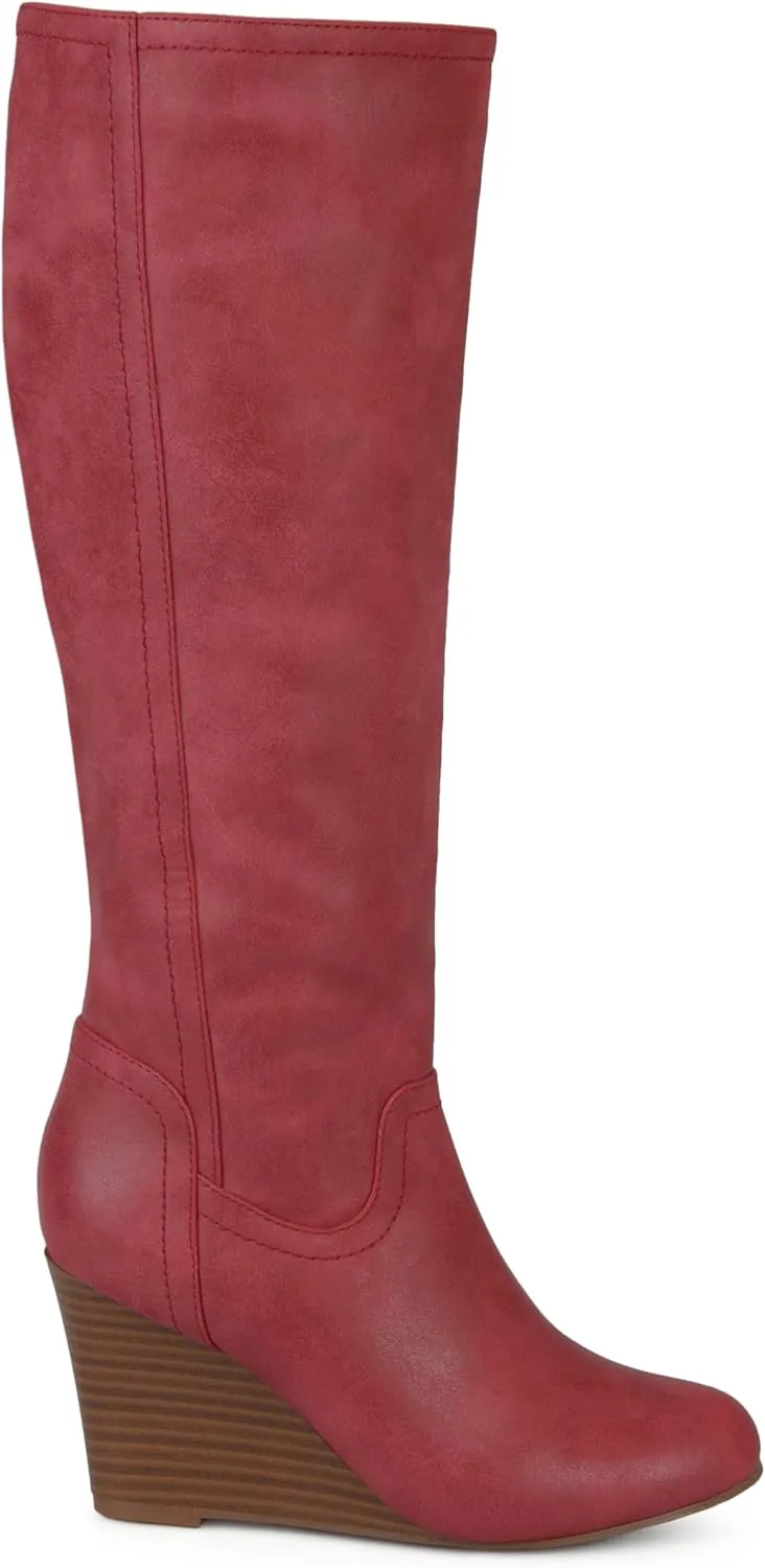 Brinley Co. Womens Regular and Wide Calf Round Toe Faux Leather Mid-calf Wedge Boots