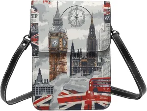 Britain flag London city Big Ben and bus vintage Leather Small Crossbody Bags for Women Cell Phone Bag Wallet Purses with Adjustable Strap