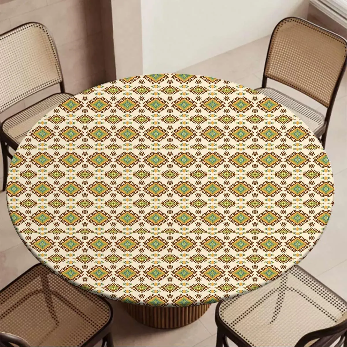 Brown Green Round Table Cloth Lines Stripes Simple Fun Designed Artwork Elastic Edge Waterproof Table Cover Table Cloth for Round Table Fashion Fit for 40"-43" Table
