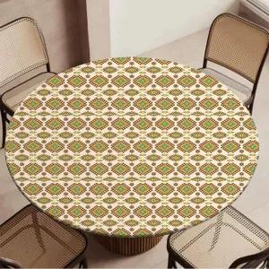 Brown Green Round Table Cloth Lines Stripes Simple Fun Designed Artwork Elastic Edge Waterproof Table Cover Table Cloth for Round Table Fashion Fit for 40"-43" Table