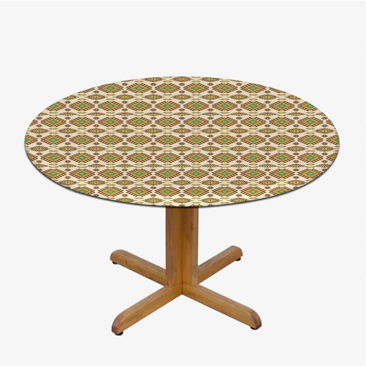 Brown Green Round Table Cloth Lines Stripes Simple Fun Designed Artwork Elastic Edge Waterproof Table Cover Table Cloth for Round Table Fashion Fit for 40"-43" Table