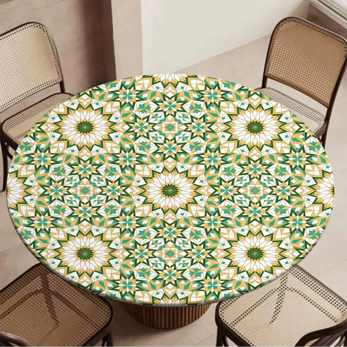 Brown Green Round Tablecloth with Elastic Edge Lines Stripes Simple Fun Designed Artwork Soft-Touch Fitted Table Cloth, Waterproof Oil-Proof Table Cover Fashion Fit for 40"-43" Table