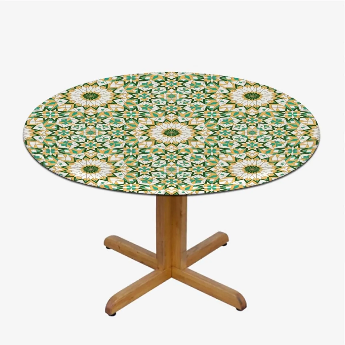 Brown Green Round Tablecloth with Elastic Edge Lines Stripes Simple Fun Designed Artwork Soft-Touch Fitted Table Cloth, Waterproof Oil-Proof Table Cover Fashion Fit for 40"-43" Table