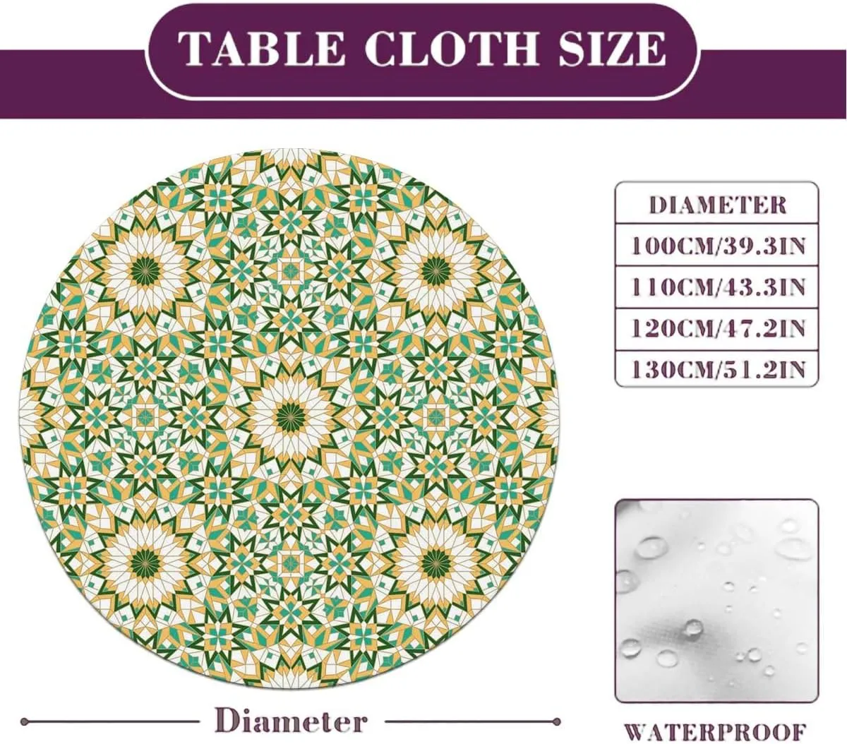 Brown Green Round Tablecloth with Elastic Edge Lines Stripes Simple Fun Designed Artwork Soft-Touch Fitted Table Cloth, Waterproof Oil-Proof Table Cover Fashion Fit for 40"-43" Table