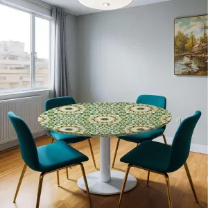 Brown Green Round Tablecloth with Elastic Edge Lines Stripes Simple Fun Designed Artwork Soft-Touch Fitted Table Cloth, Waterproof Oil-Proof Table Cover Fashion Fit for 40"-43" Table