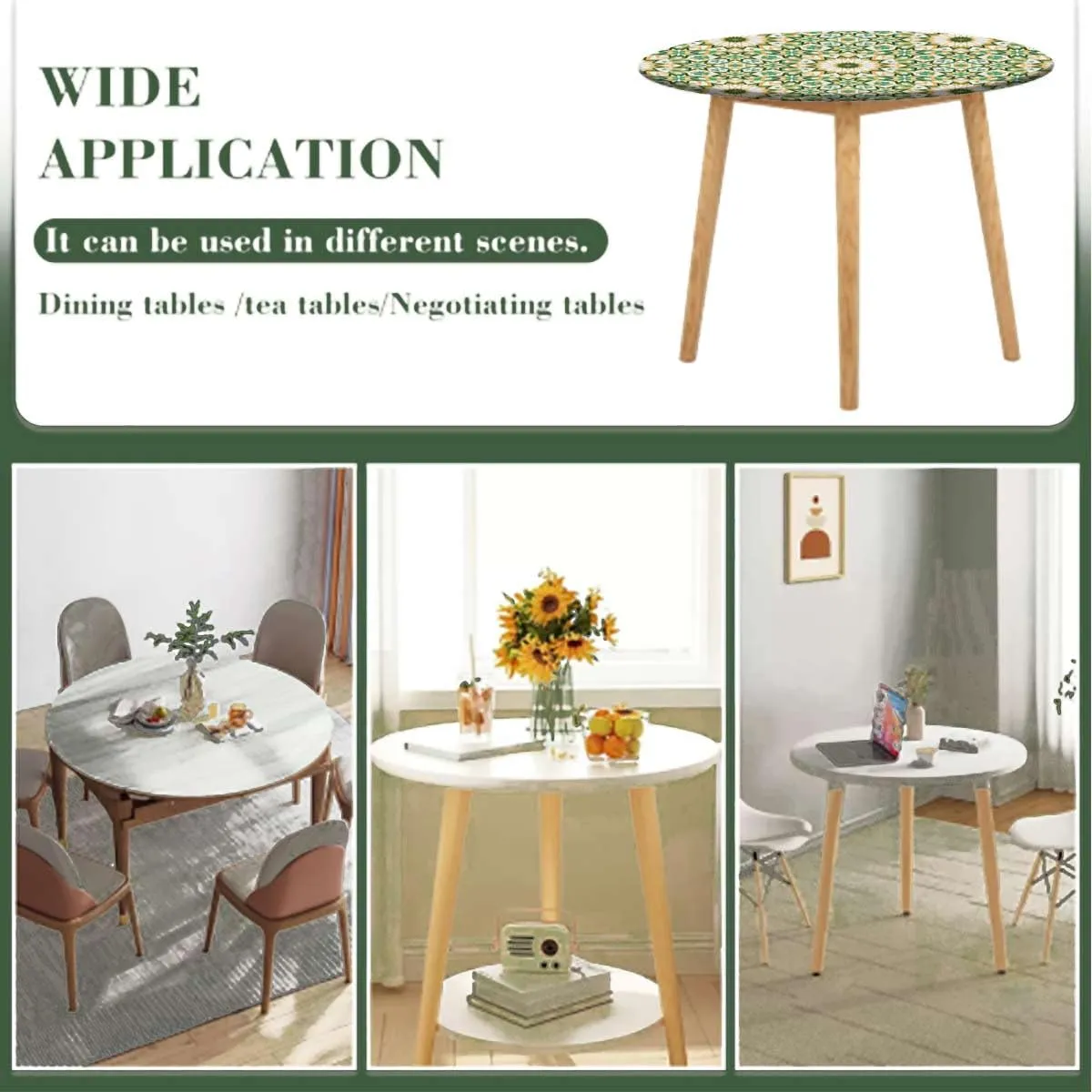 Brown Green Round Tablecloth with Elastic Edge Lines Stripes Simple Fun Designed Artwork Soft-Touch Fitted Table Cloth, Waterproof Oil-Proof Table Cover Fashion Fit for 40"-43" Table